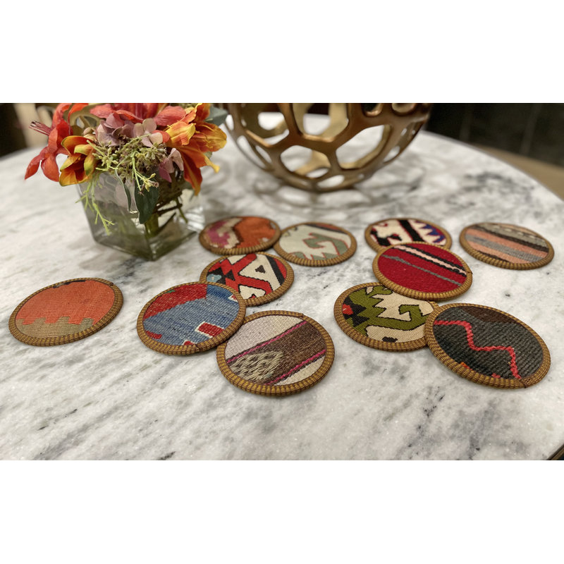 Handmade Multicolor Wool Kilim Coaster Set with Vinyl Backing