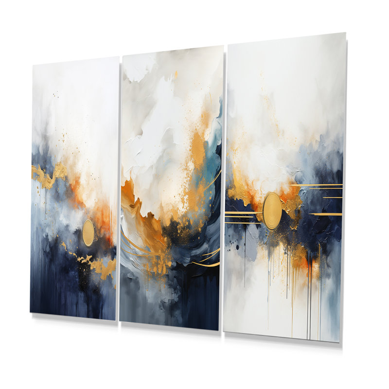 «Blue and Yellow Fluid Harmony», peinture I - peinture abstraite, ensemble de 3 décorations murales en métal