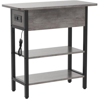 Table de bout étroite avec station de charge, table d'appoint rabattable avec ports USB, prises de courant et tablettes de rangement, gris pour le salon et la chambre à coucher