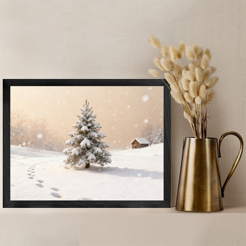 Arbre de Noël noir encadré noir scène de neige, art mural, impressions de style rétro, H 9 po x l 11 po