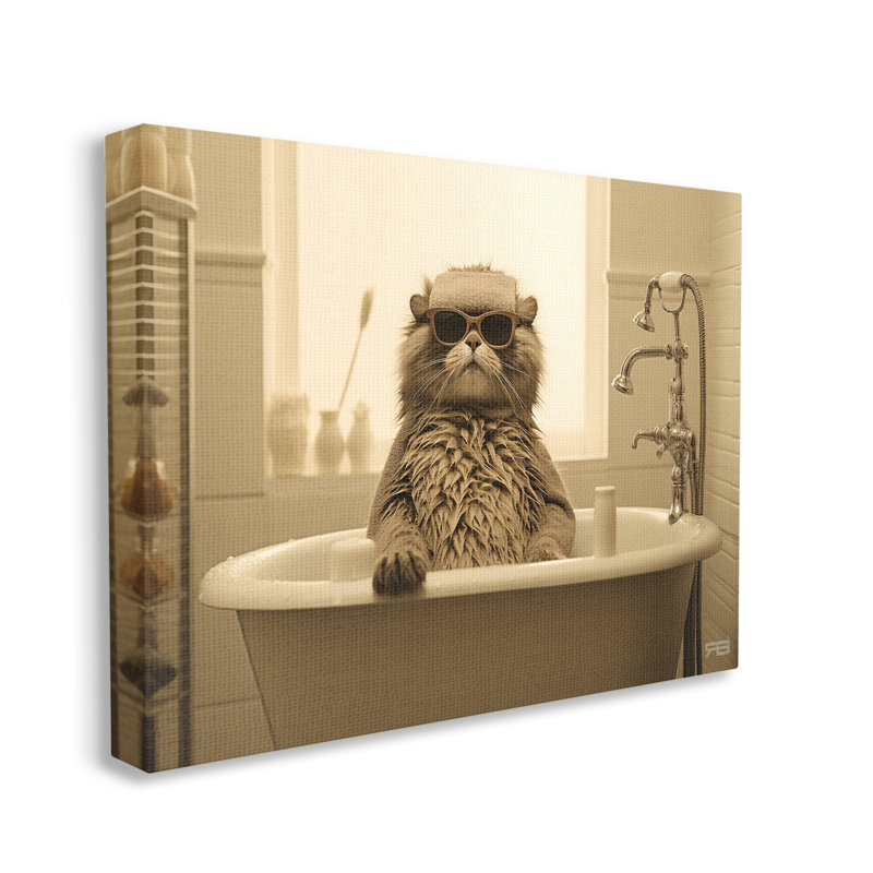 «Cool Cat in Bathaign», art mural sur toile par RB, H 36 po x l 48 po