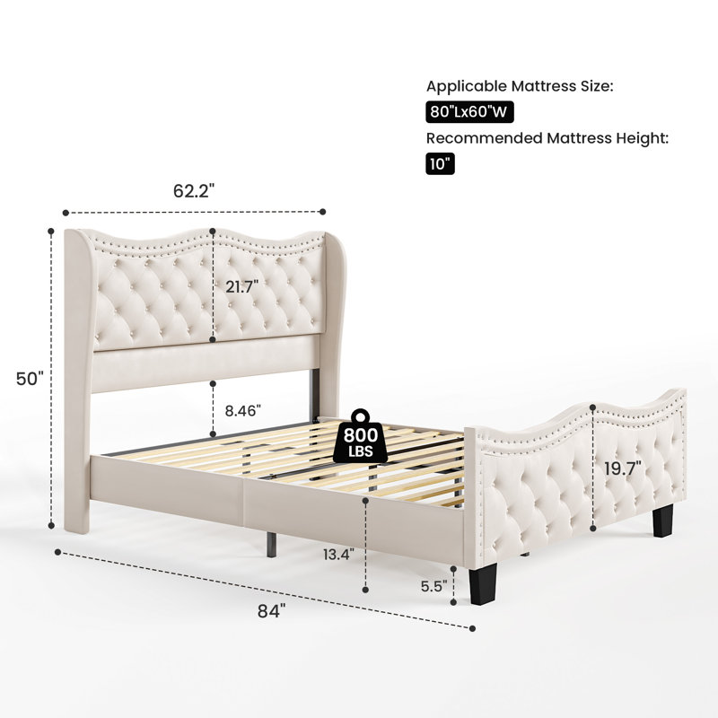 Elegant Tufted Upholstered Platform Bed with Wingback Headboard, Beige