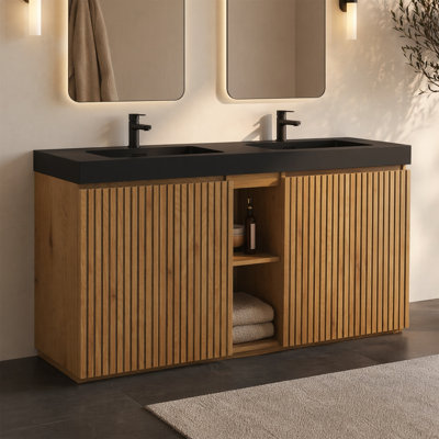 Meuble-lavabo double 60 po avec comptoir en quartz, portes cannelées à fermeture en douceur 60 po