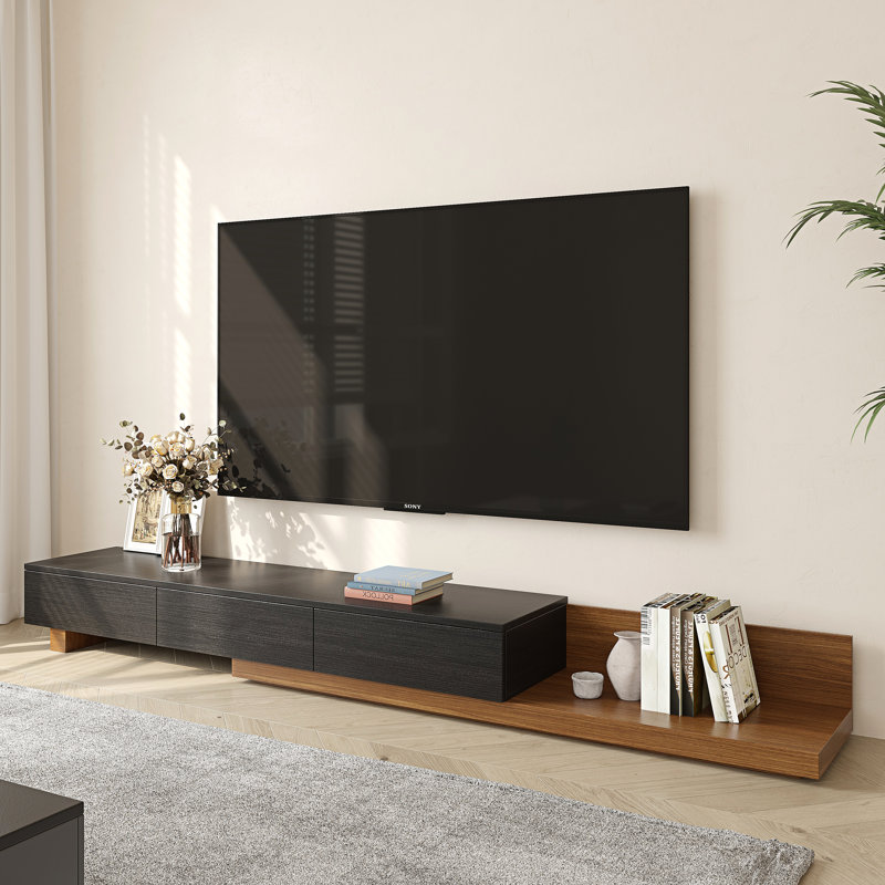 Carmavy 74.87" W Manufactured Wood Extendable TV Stand with Open Shelf , Matte Black/Walnut