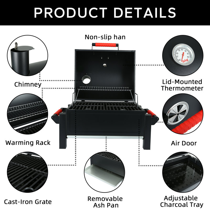 Feasto Outdoor Cooking Series 26.8" W Portable Charcoal Grill with Cast Iron Grate