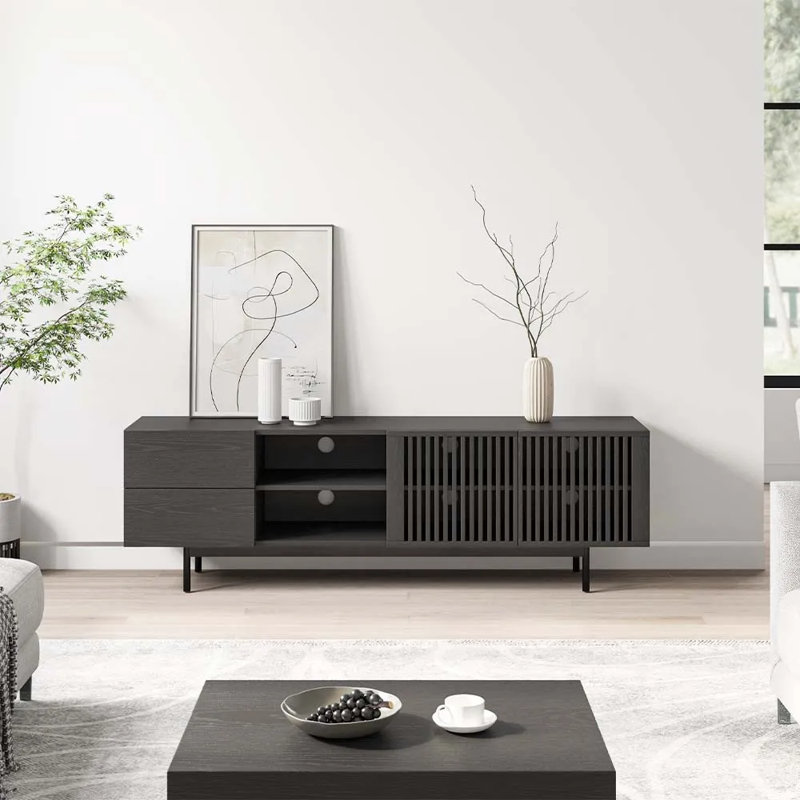 Meuble télé Mid-Century moderne pré-assemblé, Noir, H 21,65 po x L 70,87 po x l 15,75 po