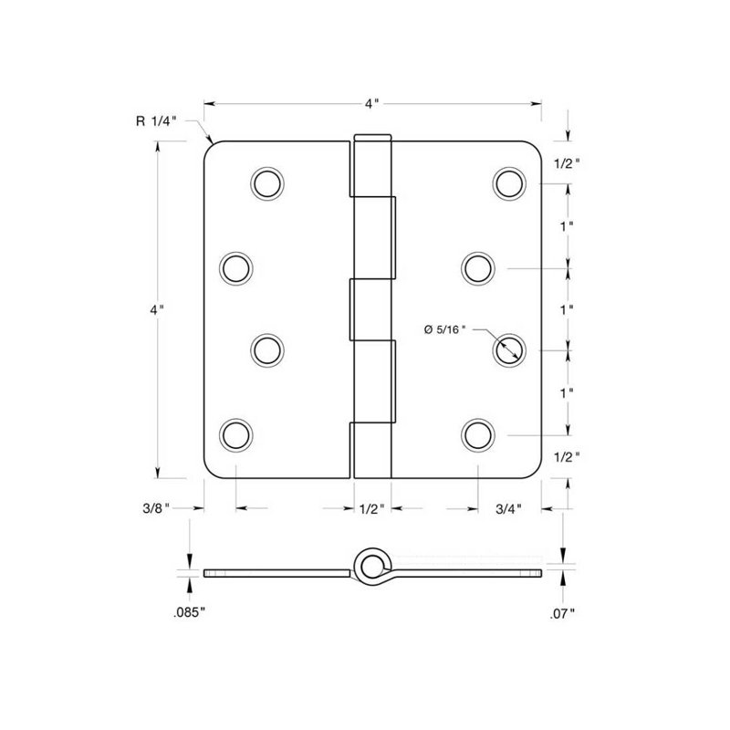 Charnière Deltana S44R44, 4 po x 4 po x 1/4 po, de style résidentiel en laiton brossé, Laiton brossé