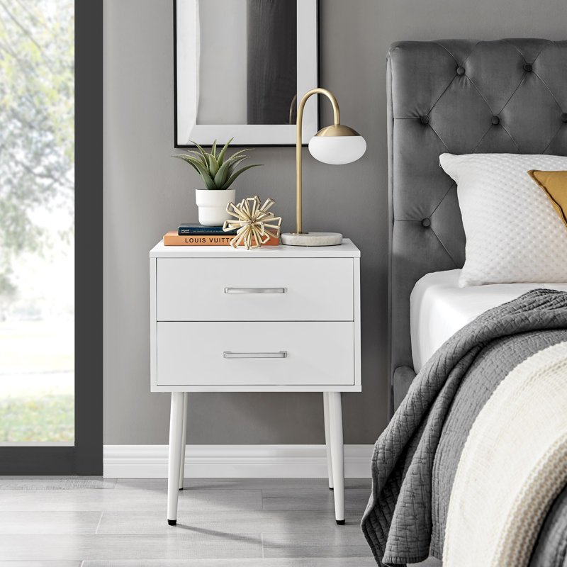 Blodwyn Wood Bedside Table 2 Drawers Metal Handles - Modern Design, White/Silver