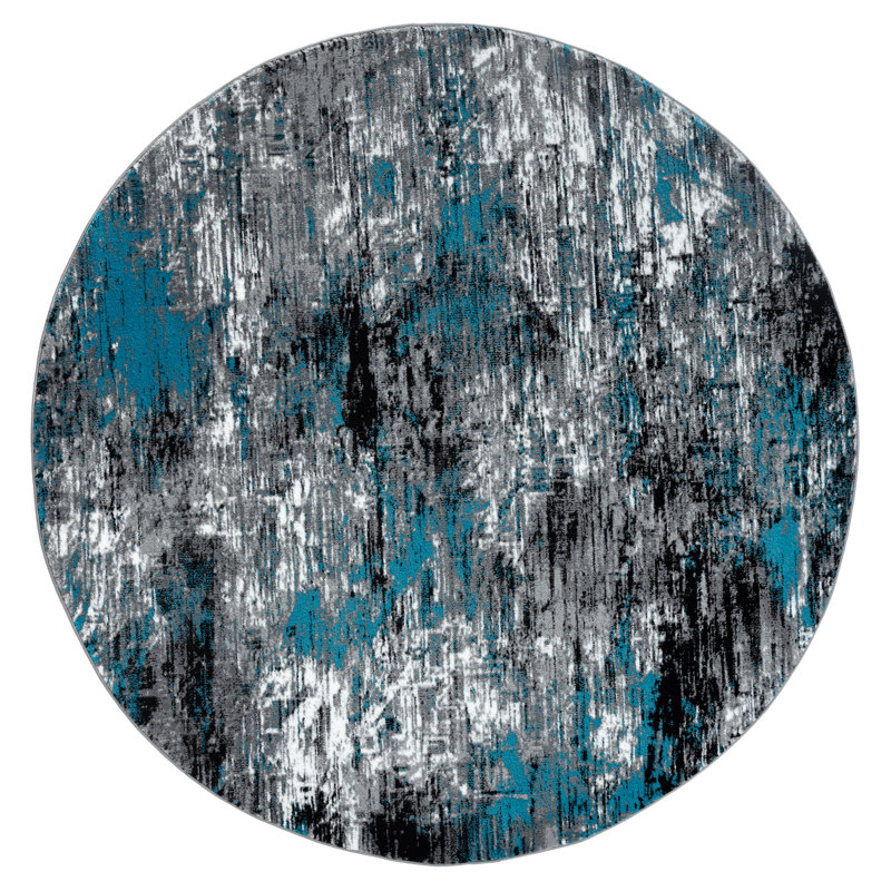 Tapis bleu / gris / noir à motif abstrait Hellie, Rond 6 pi 11 po