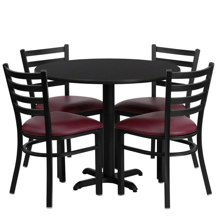  Red Barrel Studio Jinnie 36'' Round Laminate Table Set with X-Base and 4 Ladder Back Metal Chairs (Black Faux Leather)
