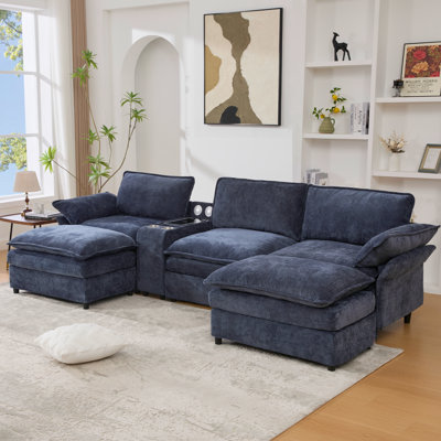 U Shaped Modular Sectional Sofa with Bluetooth, Wireless Charging, Storage Console, and Cup Holders