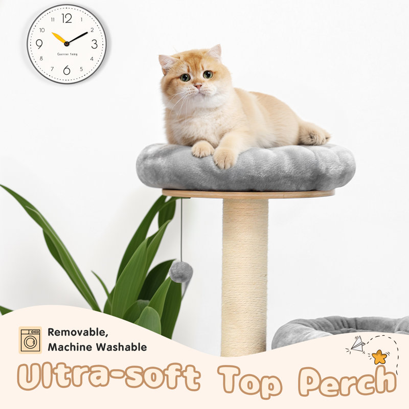 58.6" Pine Wood Cat Tree with Gray Cushions and Sisal Posts