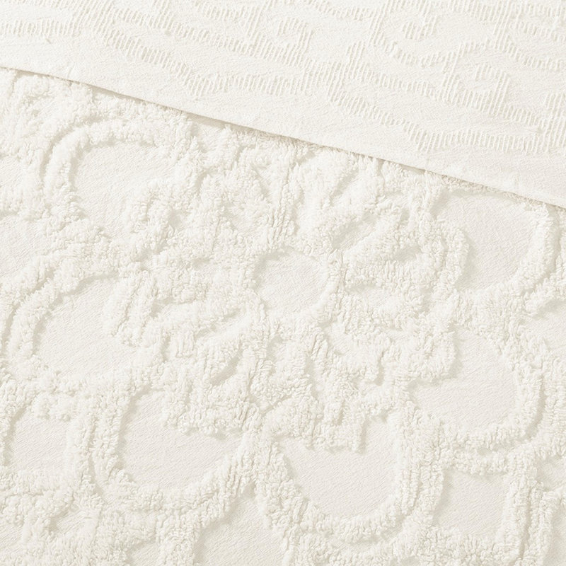 Frange en coton chenille médaillon pour chambre à coucher élégante, Queen Coverlet + 2 Standard Shams, Blanc cassé