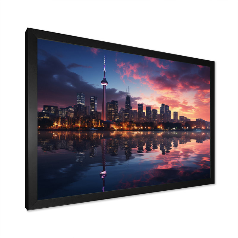 Toronto Canada Cityscape - Nautical & Beach Wall Art Living Room, H 12 po x l 20 po x P 1 po, Cadre photo noir
