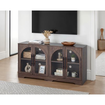 Console de rangement en noyer rustique de 55 pouces avec portes en verre trempé et tablettes réglables Halstead