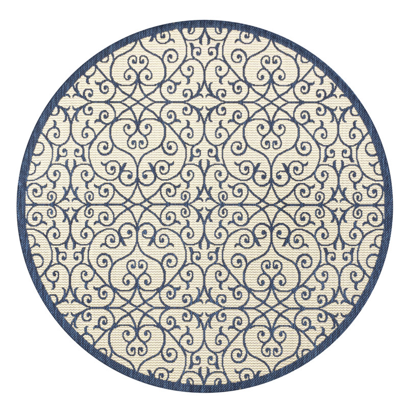 Deilani Vintage Filigree Textured Weave Navy/Beige Indoor/Outdoor Rug, Round 5'3"