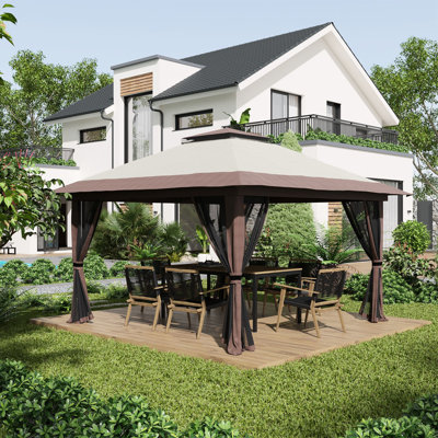 Abri de jardin instantané 13 'X avec toile. 2 toits pour plus de stabilité, couche de protection Uv50 +, extérieur beige, jardin, fête. Avec sac à roulettes et sacs d'eau / sable
