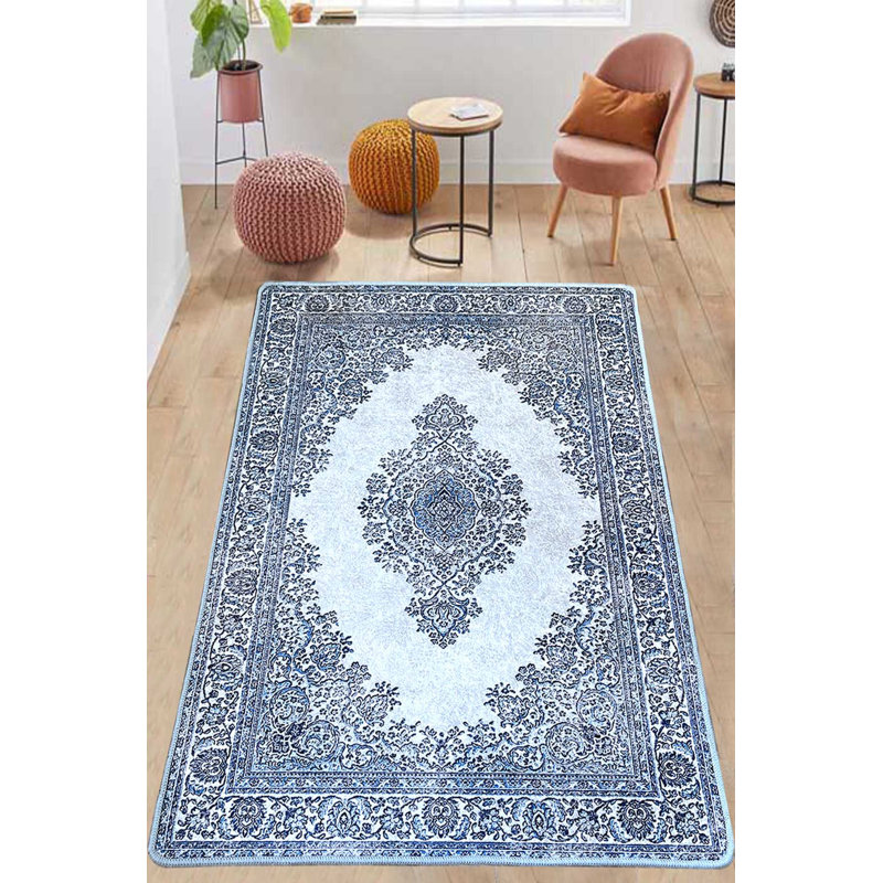 Blue Washable Carpet (4 ft x 6 ft), 100% Polyester, 0.4 in Pile Height | Antibacterial & Non-Slip Underside | Machine Washable, Perfect for Living Room & Bedroom | Durable, Soft, and Easy to Clean