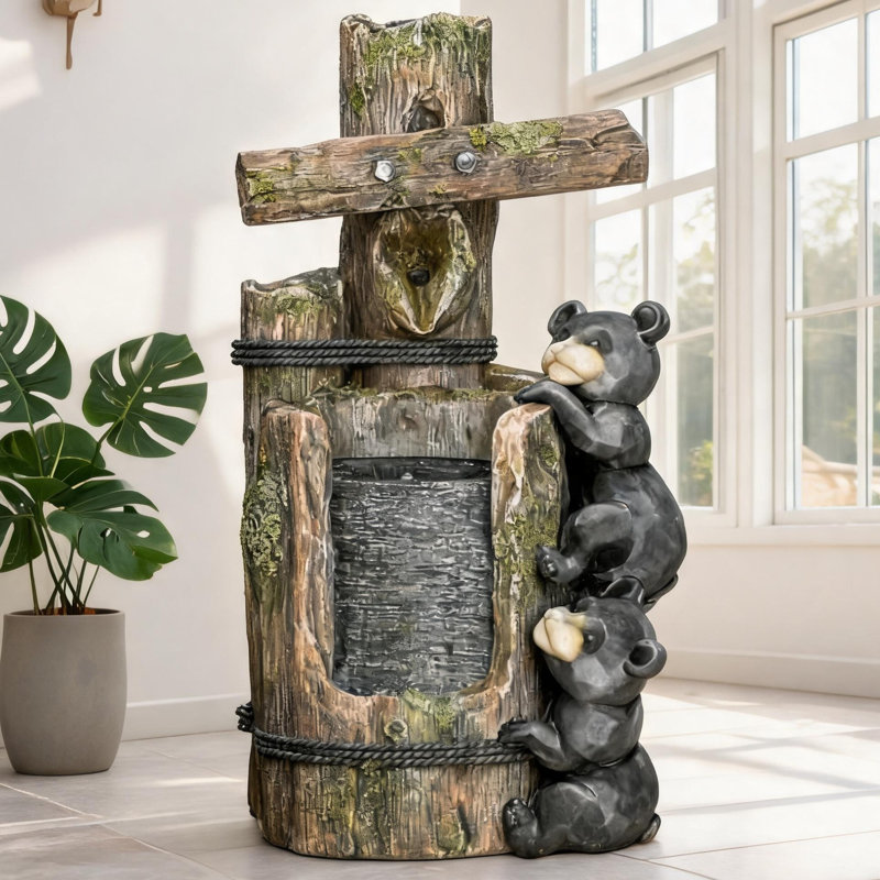 Rustic Matte Black Resin 3-Tier Outdoor Fountain with LED Lights and Climbing Bears, 22.8 H