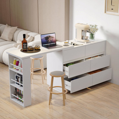 L-Shaped Desk And Vanity Combo With 6 Drawers, Extendable Tabletop, And Large Capacity Storage For Office And Bedroom Makeup