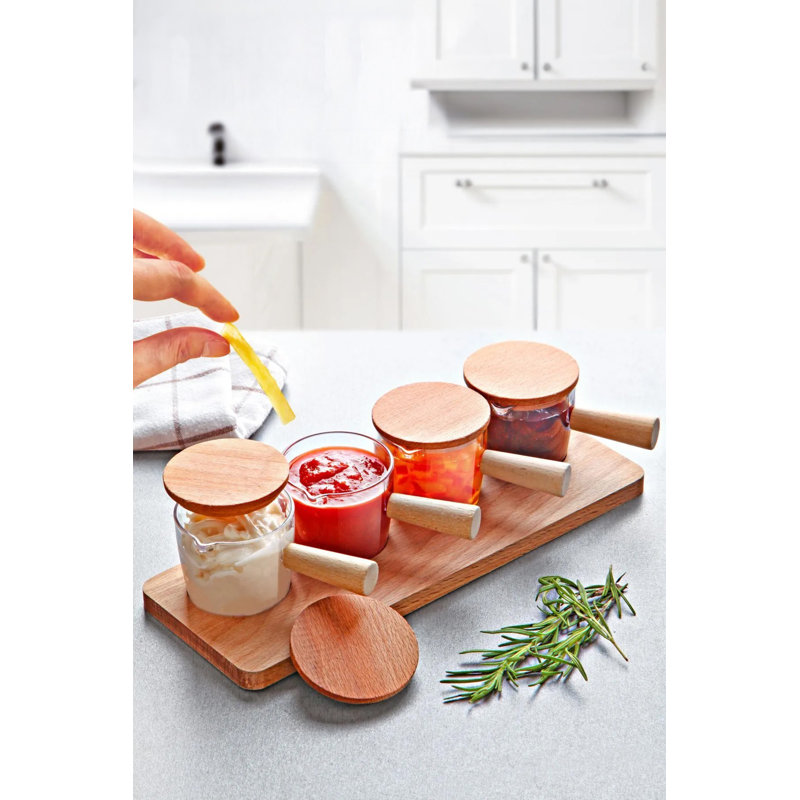 Eliott Elegant 5-Piece Mug Set with Wooden Handle & Lid, Transparent Acrylic, 2.4 x 2.4 x 2.0 inches | 2.7 fl oz Each | Stylish Wooden Stand Included | Perfect for Home & Office, Durable & Unique Design