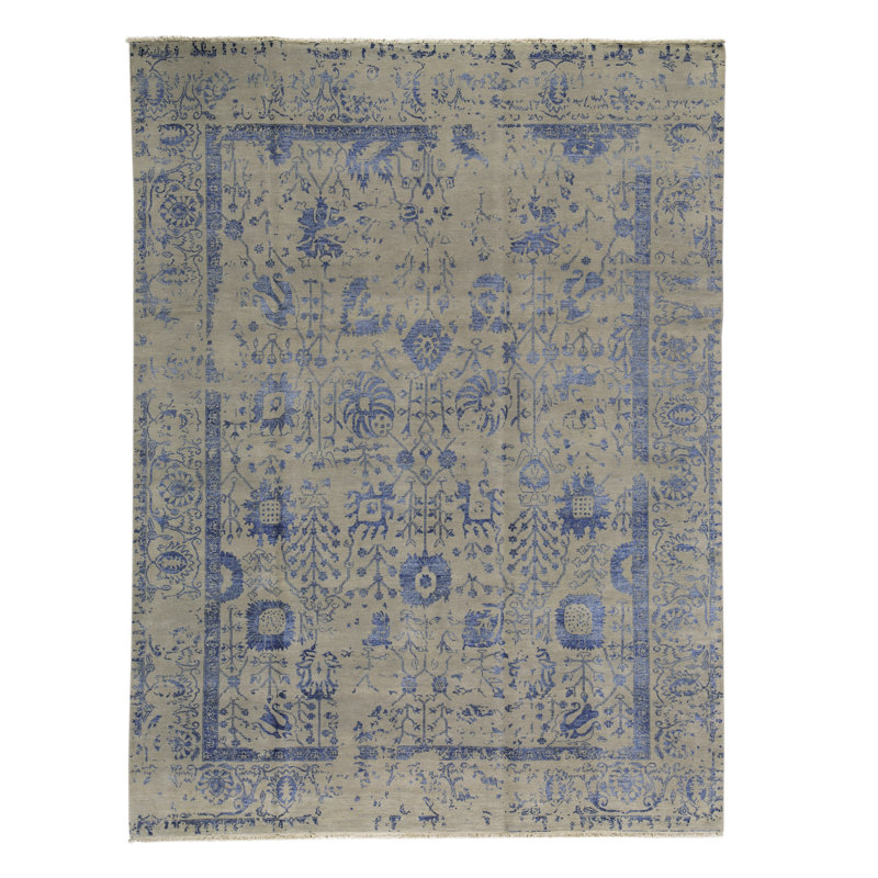 Tapis gris et bleu marine noué à la main de haute qualité