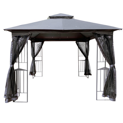 10X10 Gazebo With Detachable Net And Weather- Cover - Gray Double Roof Water- Top For Backyard Fun