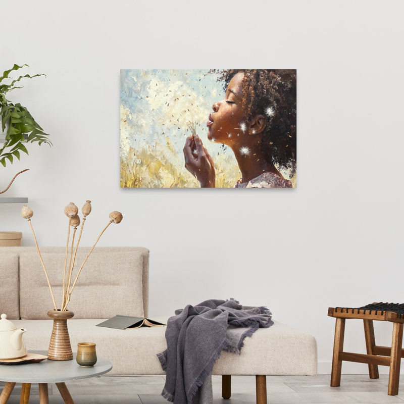 «Blowing Seeds From A Dandelion Contemporary Dreamy Serene Dandelion Nature Portrait», reproduction d'art, 24" H x 36" W