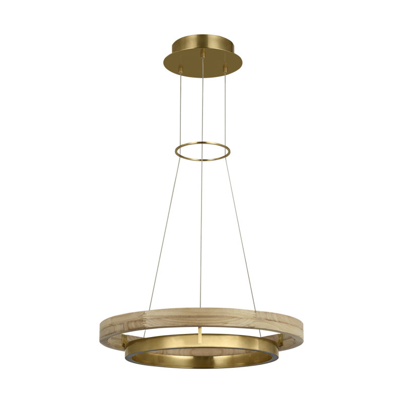 Sean Lavin Grace LED Ring Chandelier in Hand Rubbed Antique Brass/Natural Oak with Wood shade, 150.1" H x 24" W x 24" D 