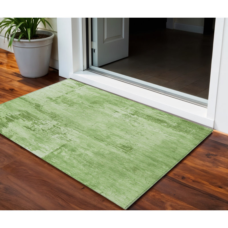 3' X 5' Green And Ivory Abstract Washable Indoor Outdoor Area Rug
