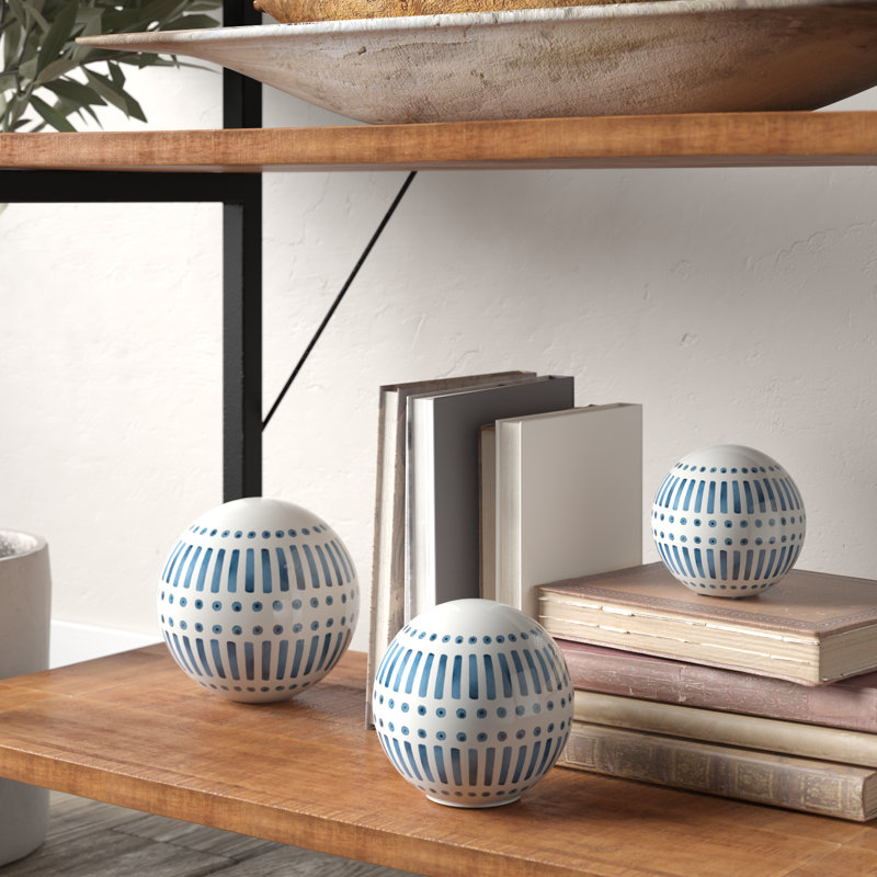 Neutral Modern Line Design Decorative Orb Set of 3, Blue