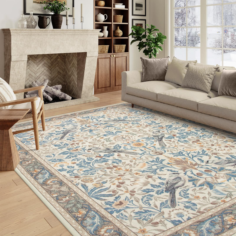 Vintage Botanical Bird-Print Machine-Washable Low-Pile Area Rug with Non-Slip Backing, Rectangle 8' x 10'