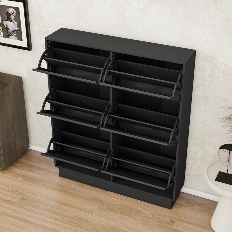 Modern Slim Shoe Cabinet with 6 Adjustable Flip Drawers and Hooks  for Entryway, Black