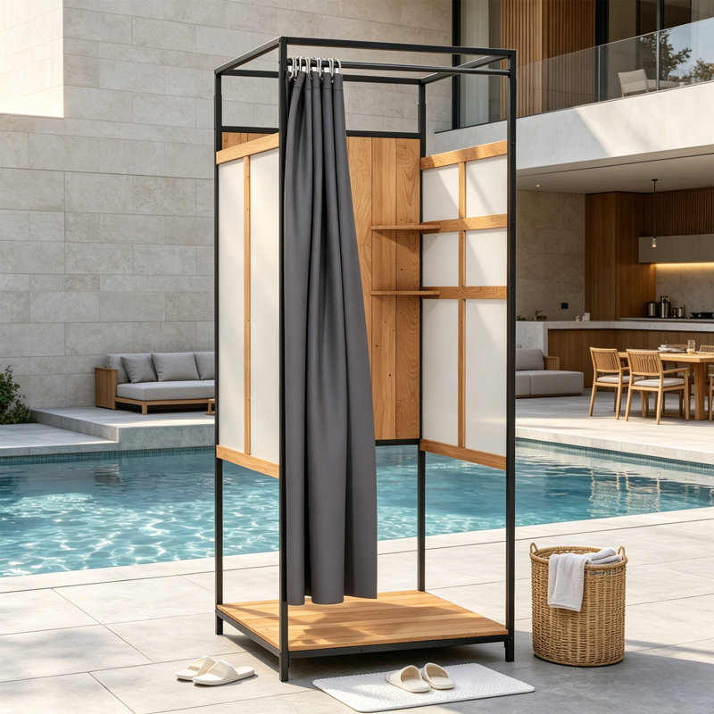 Privacy Outdoor Shower Enclosure With Metal Frame For Pool Wash Station, Backyard & Beach Rinse Area