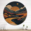 Lune orange avec graphique Blue River Mountains - paysage de montagnes, impression sur bois jaune-687061508