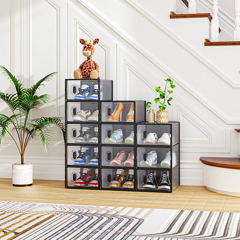 Black Shoe Storage Box Organizers Stackable (Set Of 12)