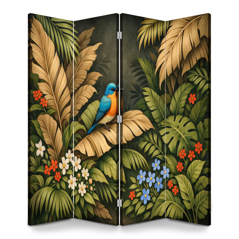Paravent 4 panneaux à cloisons pliantes Royal Vintage Botanical Leaves Tropical Bird Tons terreux Toile foncée, 4
