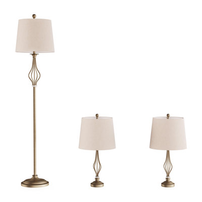 Jaclynn Table and Floor Lamps - 3 Piece Matching Curved Openwork Steel Lighting for Living Room, Bedroom, Office - Energy-Efficient LED