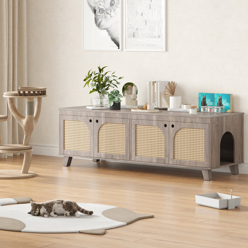 Double armoire à litière pour chat, meubles cachés avec portes en rotin, deux entrées