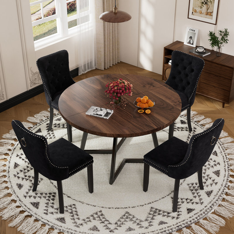 Round Wooden Dining Set with Velvet Dining Chair, Black, Dark Brown
