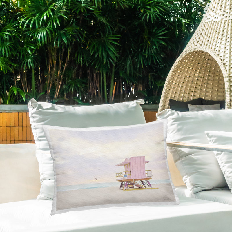 Pink Paradise Beach Outdoor Printed Pillow design by Seven Trees Design, White Beach