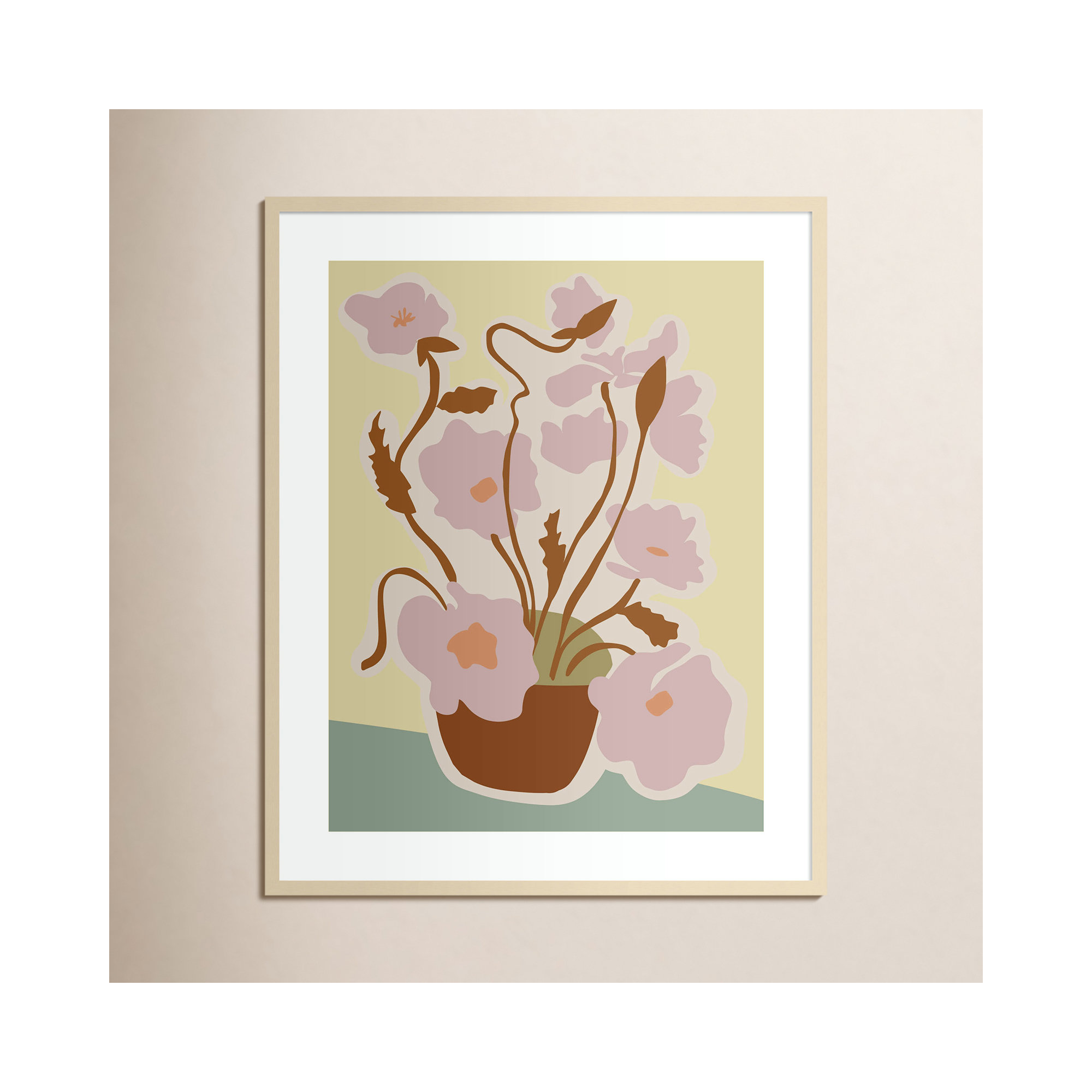 Expressive Abstract House Plant Pink On Yellow Framed On Paper Print, 41" H x 33" W x 1" D, Brown