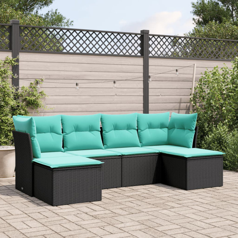  Ensemble de canapé de patio 6 pièces avec coussins en rotin de polyester noir
