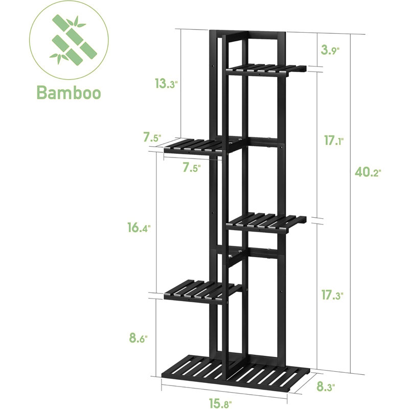 6 Potted Bamboo Plant Stand, Ideal for Indoor & Outdoor Corners - Tall Shelf Display Rack for Your Plants, Black