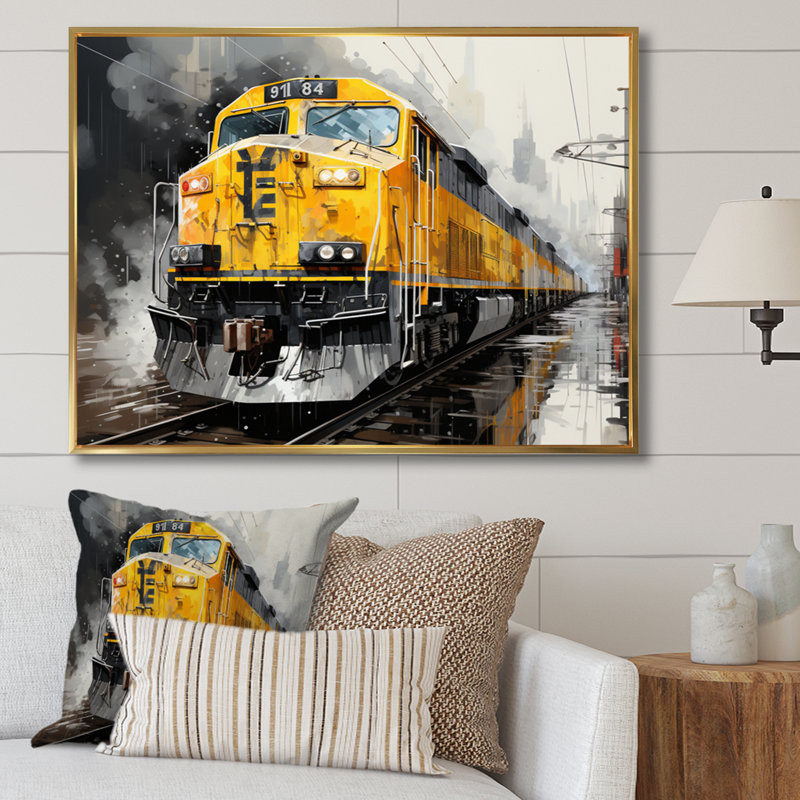 Yellow Grey Train Geometric Momentum Yellow II - Transportation Wall Decor, Cadre flottant doré, H 16 po x l 32 po x P 1 po
