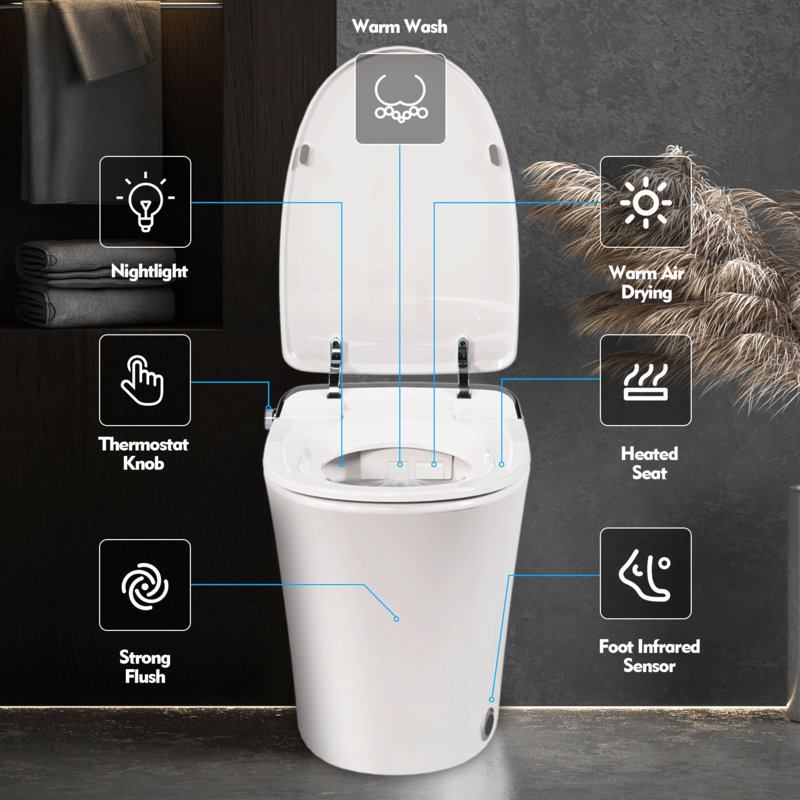 Luxury Smart Toilet With Dryer And Warm Water,  Elongated Bidet Toilet With Heated Seat, With Remote Control, LED Night Light, Power Outage Flushing, Soft Close Cover
