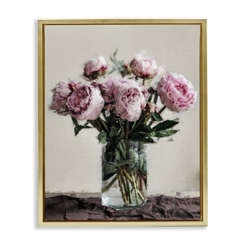 «Jar Of Roses», art mural encadré sur toile flottante par Sundance Group, LLC., Cadre flottant métallique doré