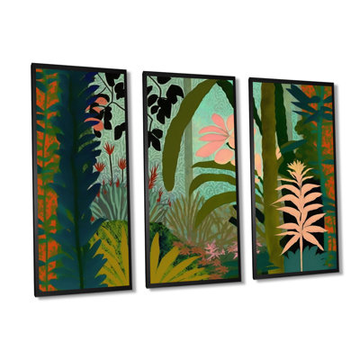 «Blossoming And Vibrant Jungle Flora II», reproduction sur toile 3 pièces