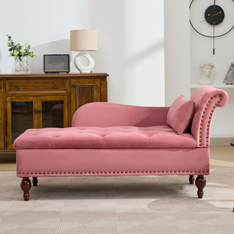 Chaise longue de rangement rembourrée avec coussin de rangement, Rose