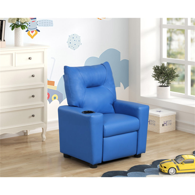 Fauteuil inclinable en cuir de polyuréthane bleu pour enfants avec porte-gobelet Evelyne, Bleu